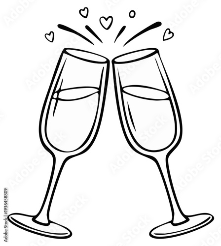 Two champagne flutes toasting with hearts and sparkles celebrating an event