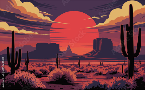 Stylized desert sunset with glowing orange sun, purple clouds, rocky formations and winding path. Saguaro cacti and desert shrubs in bold flat vector style.