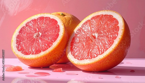 A still life of two halved grapefruits on a pink surface with scattered pieces