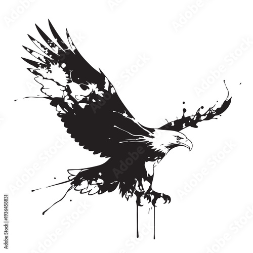 Realistic Bald Eagle Silhouette Diving Attack Vector - Detailed Black and White Raptor with Spread Wings Descending for Tattoo, Wildlife Art and Graphic Design