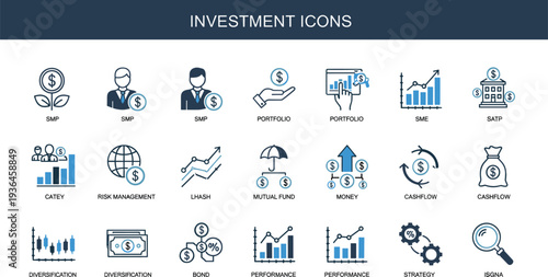 Comprehensive Set of Investment Icons Featuring Portfolio, Risk Management, Cash Flow, Bonds, and Performance Metrics