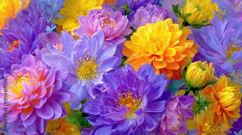 Vibrant assemblage of purple, yellow, and orange blossoms fills the frame.