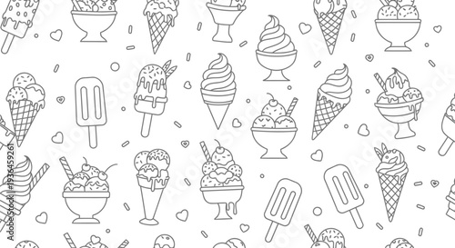 Ice cream cute seamless pattern with sweet summer dessert cones  and waffle treats for fun background design