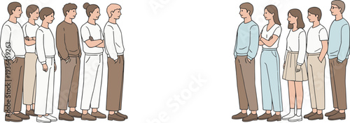 Group of people standing in two separate groups, diverse individuals in casual clothing, teamwork, communication, business collaboration concept, modern social interaction, isolated on a clean 