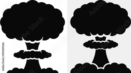Two black mushroom cloud on white background nuclear explosion