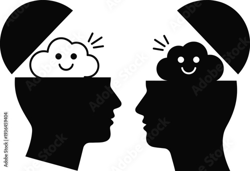 Two heads with smiling cloud and storm inside them facing each other