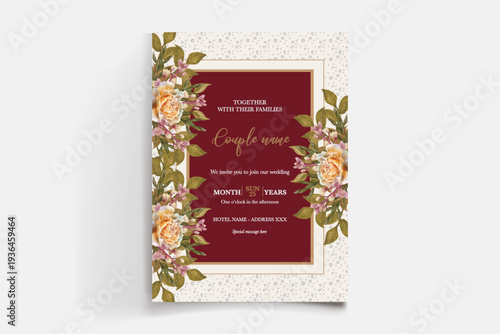 WEDDING INVITATION FRAME WITH FLOWER DECORATIONS AND FRESH LEAVES