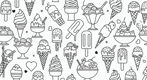 Ice cream cartoon dessert seamless pattern with fun frozen treats cones