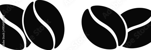 Two black coffee beans with white outlines on a white background