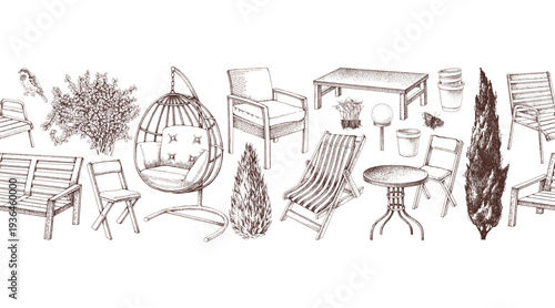 Garden furniture seamless vector border