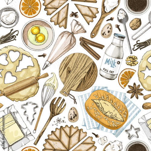 Seamless pattern with baking tools and ingredients