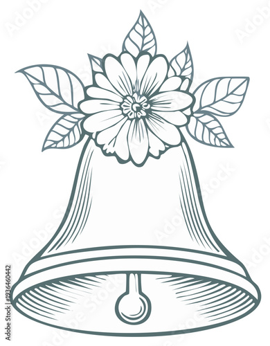 Elegant floral bell with ornamental flower bloom and leaves in vintage style, ornamental vector illustration for greeting cards and events