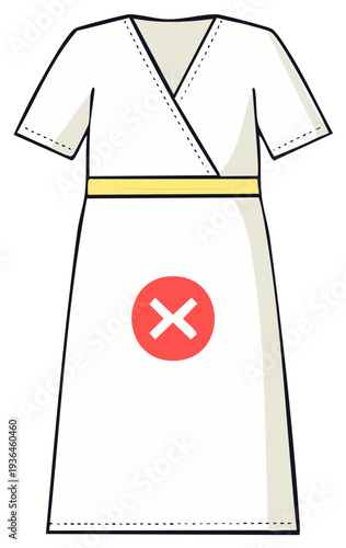 Minimalist white short-sleeved wrap dress illustration with yellow belt and red prohibition symbol. Clothing style warning concept.