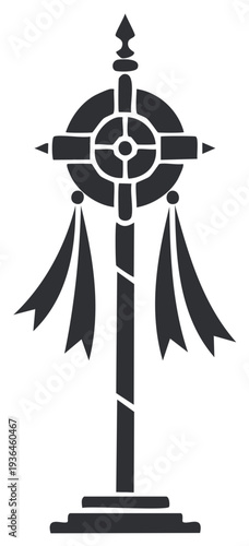 Mysterious Ancient Symbol Staff with Drape Elements and Ornate Finial