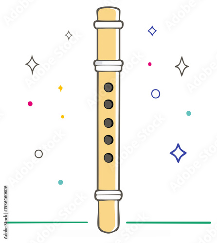 Illustration of a Wooden Flute with Decorative Sparkling Elements for Music and Artistic Design