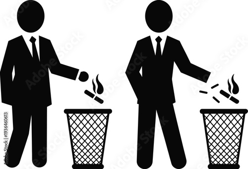 Two men throwing lit matches into trash cans black and white