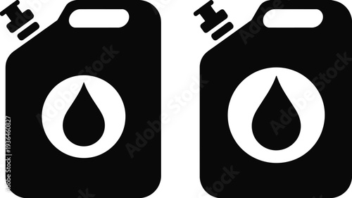 Two black and white fuel canisters with liquid drop symbols