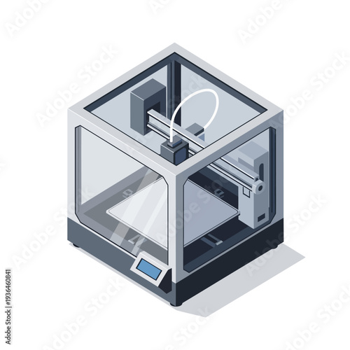 Isometric 3D Printer with Transparent Enclosure and Control Panel.