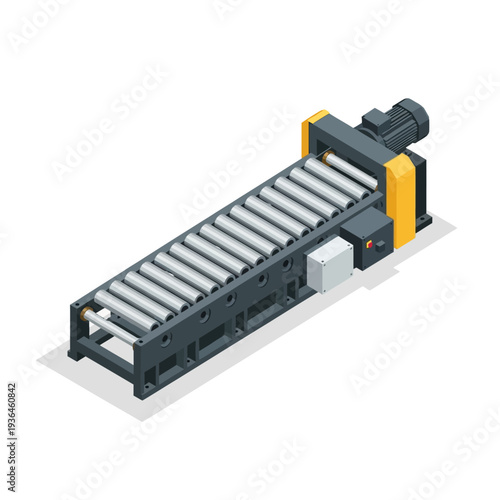 Industrial conveyor belt system with yellow accents and control panel.