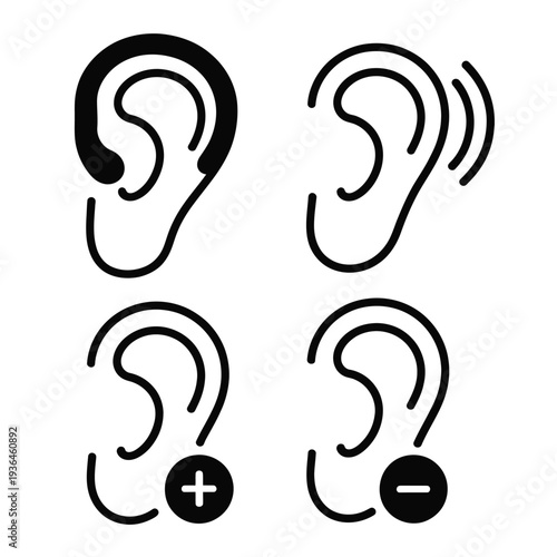Four black and white ear with plus and minus symbols