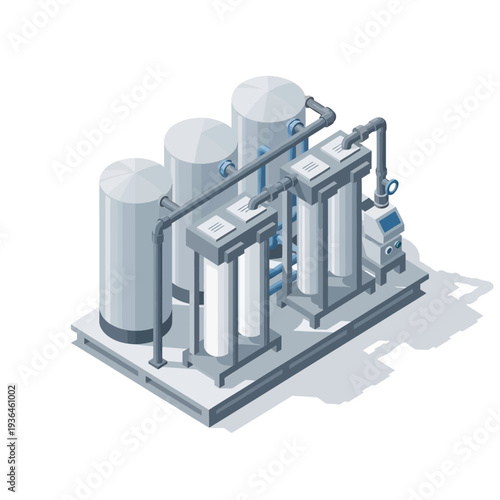 Isometric Industrial Water Treatment Plant Equipment System.
