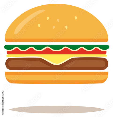 Delicious Hamburger Cartoon Illustration featuring Tasty Burger with Cheese and Vegetables