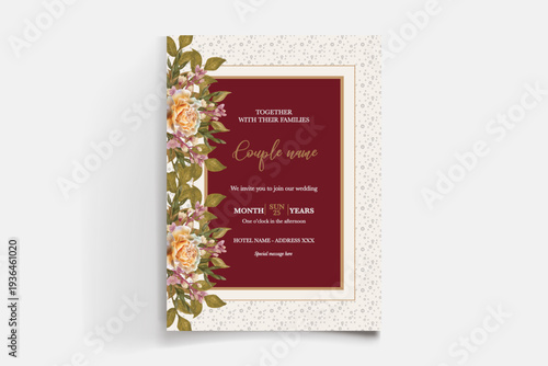 WEDDING INVITATION FRAME WITH FLOWER DECORATIONS AND FRESH LEAVES