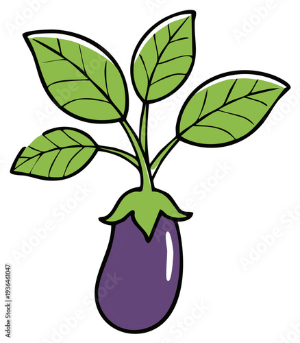 Cartoon eggplant plant with leaves in a simple illustration