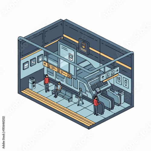 Isometric Illustration of Airport Security Checkpoint Scene.