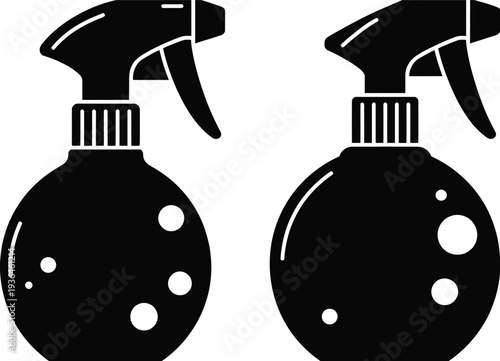 Two black spray bottles with bubbles cleaning liquid