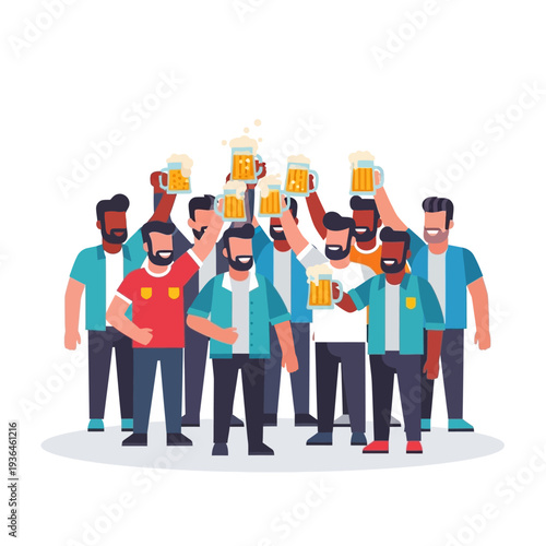 Group of diverse men cheering with beer mugs, celebrating friendship and good times
