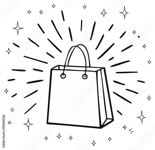 Hand-drawn shopping bag radiating light and surrounded by sparkling stars for sale or retail promotion