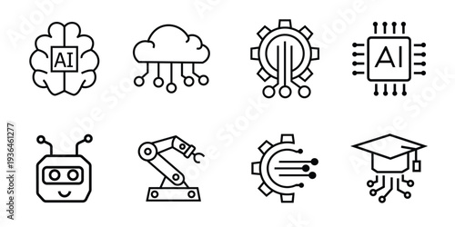 Artificial intelligence and machine learning icon set. AI chip, cloud computing, robotics and technology education symbols. Outline vector icons.