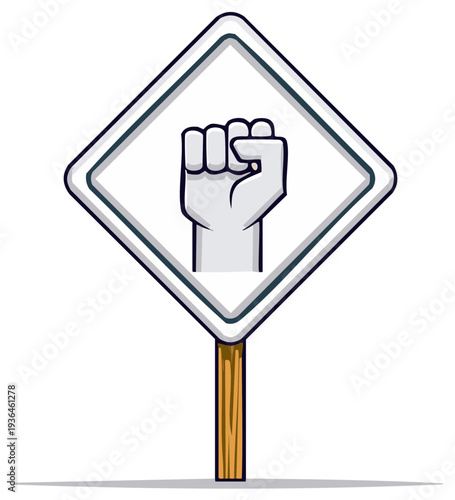 Raised fist symbol on road sign. Protest and power concept with clenched hand icon.