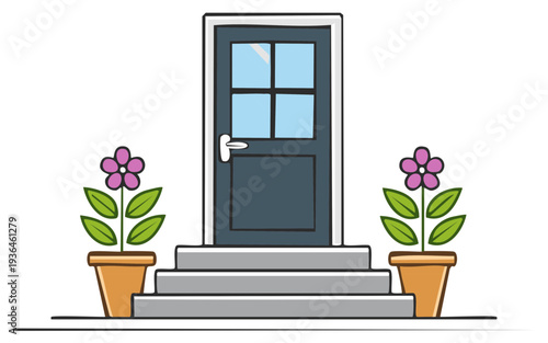 Front door with glass panels, steps and flower pots, home entrance, flat cartoon style
