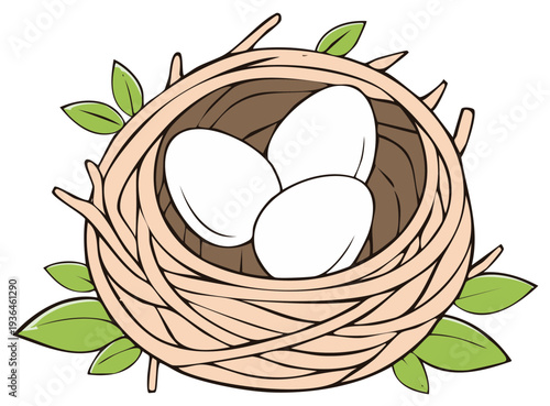 Three white bird eggs resting in a woven twig nest with fresh spring leaves cartoon illustration