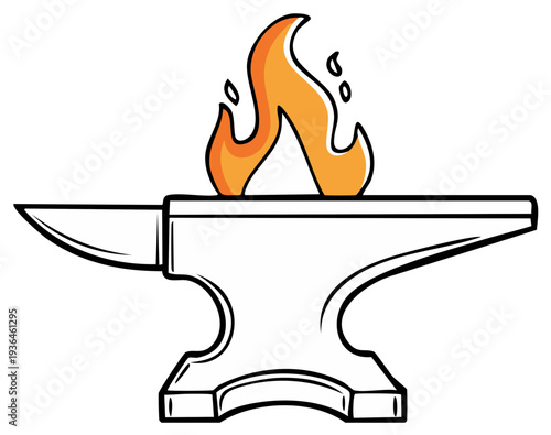 Blacksmith anvil with fiery flames on top for metalworking and forging