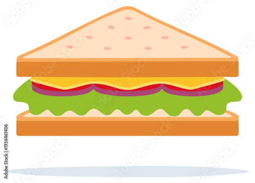 Triangle Sandwich with Bread, Lettuce, Tomatoes, and Cheese, Fast Food Lunch or Dinner Meal