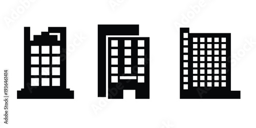 Building and city architecture icon set. Urban office tower and apartment block symbols. Solid vector icons.