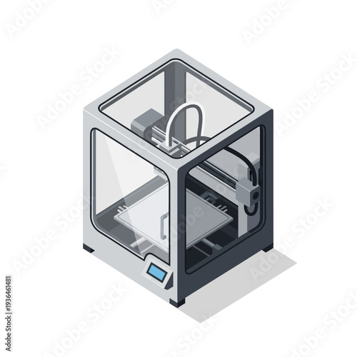 Isometric 3D Printer with Transparent Enclosure and Control Panel.