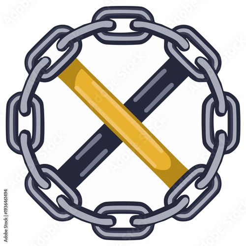 Circle of Metal Chains Surrounding Crossed Yellow and Dark Gray Bars Symbolizing Restriction