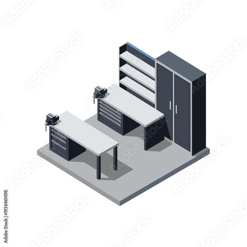 Isometric illustration of a modern office workspace with furniture and storage.