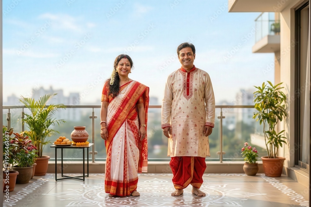 Obraz premium Bengali Couple Celebrating Pohela Boishakh Standing Together – Bengali New Year Cultural Portrait