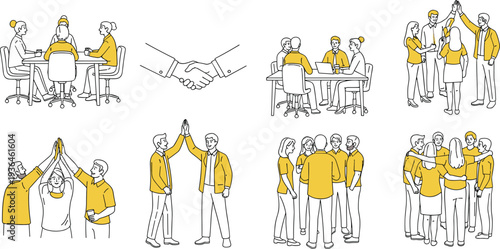 Business teamwork collaboration set with meeting, handshake, high five and group discussion scenes, corporate partnership success concept line illustration collection