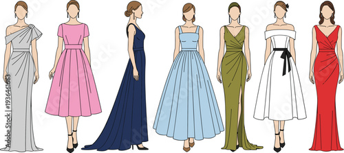 Elegant women evening dresses collection with different formal gown styles front and side view fashion models flat vector illustration isolated set