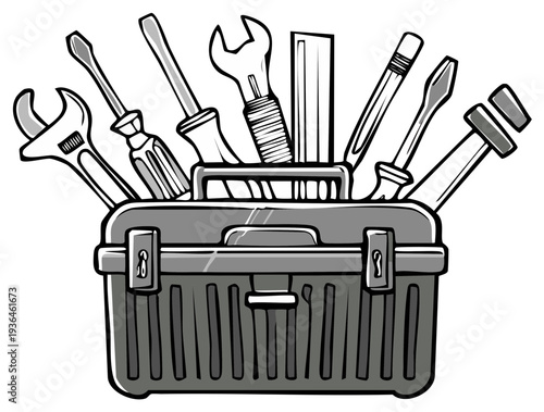 Toolbox illustration filled with a variety of hand tools for repair, construction and household tasks on white background.