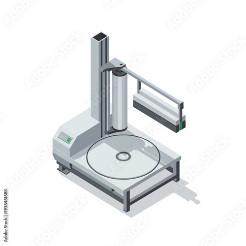 Industrial 3D scanning machine with rotating platform and adjustable arm.