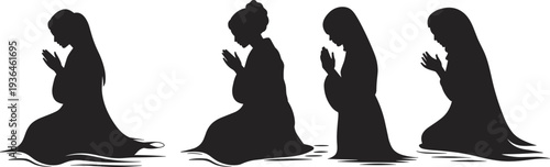 Female prayer silhouette illustration, black and white devotional drawing, spiritual meditation clipart design for faith, unity, and religious education