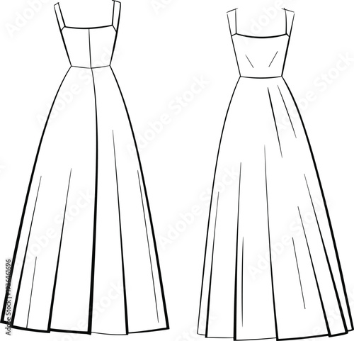 Flat, technical, fashion, sketch, of, women, flared, maxi, dress, front, and, back, view, template, outline, clothing, design, vector, illustration, gown