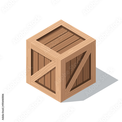 A wooden crate with a shadow on a white background.